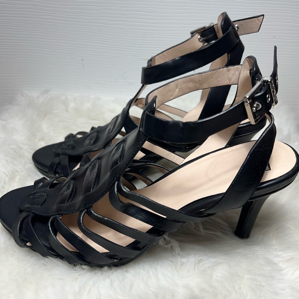 Revolution Strappy Heels Black Kitten Heels Peep Toe Faux Leather Size 9.5